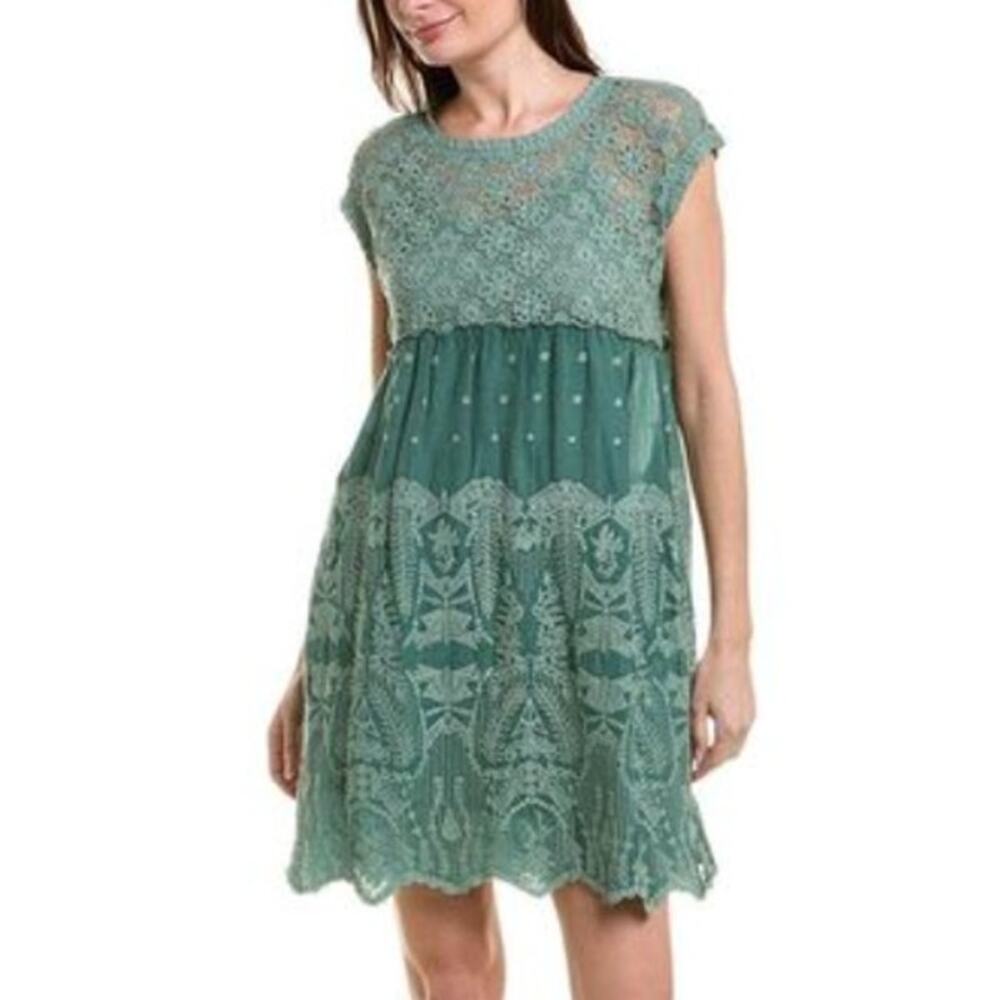 Johnny Was S Green Flower Getaway Dress ALine Eyelet Lace Details *flaw